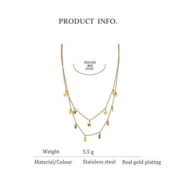 NEW 18K Gold Plated Star Square Drop Double Layer Necklace - Picture 4 of 7